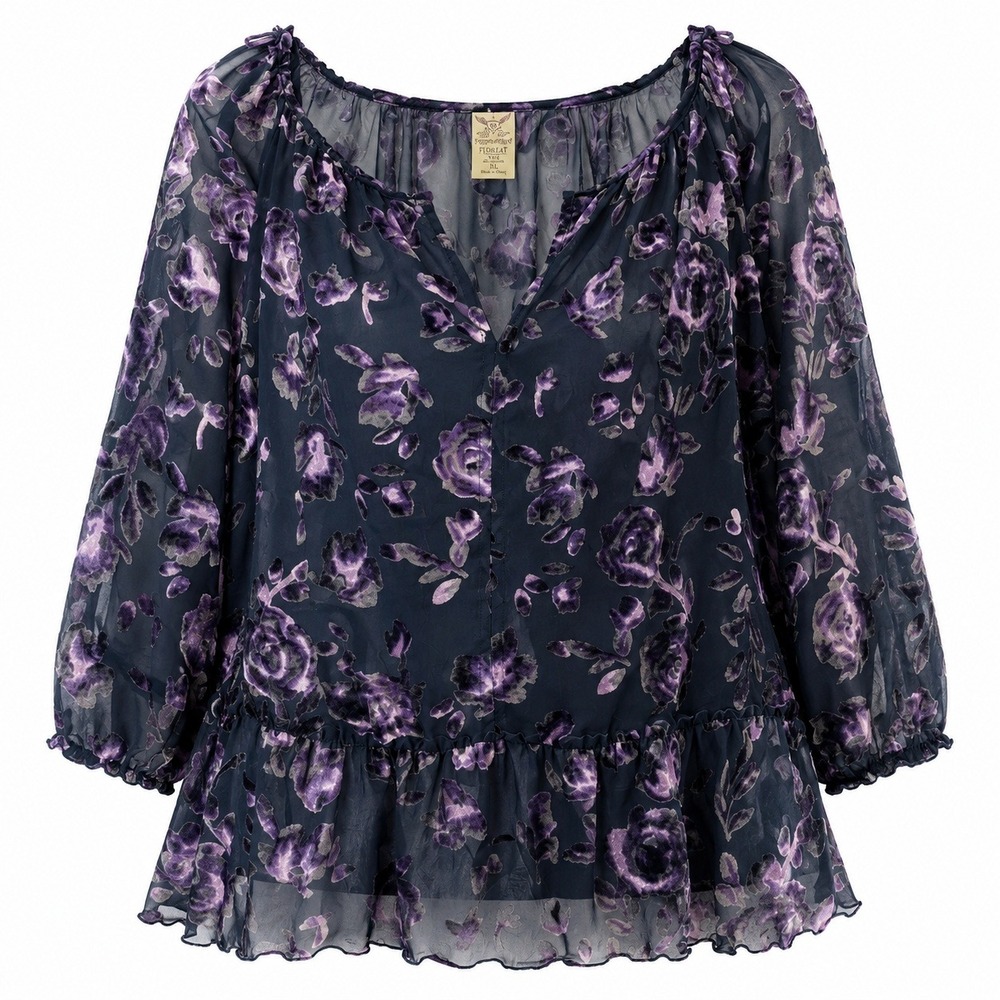 Whimsigoth‎ Peplum Blouse Womens XXL Purple Velvet Burnout Dark Floral Sheer